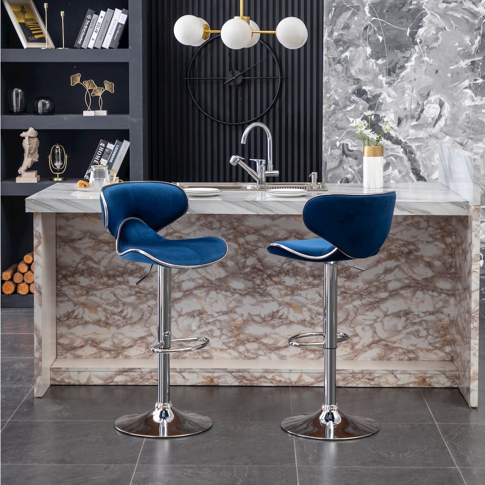 Masaccio Velvet Upholstered Adjustable Swivel Barstool, Set of 2, Blue. Picture 2