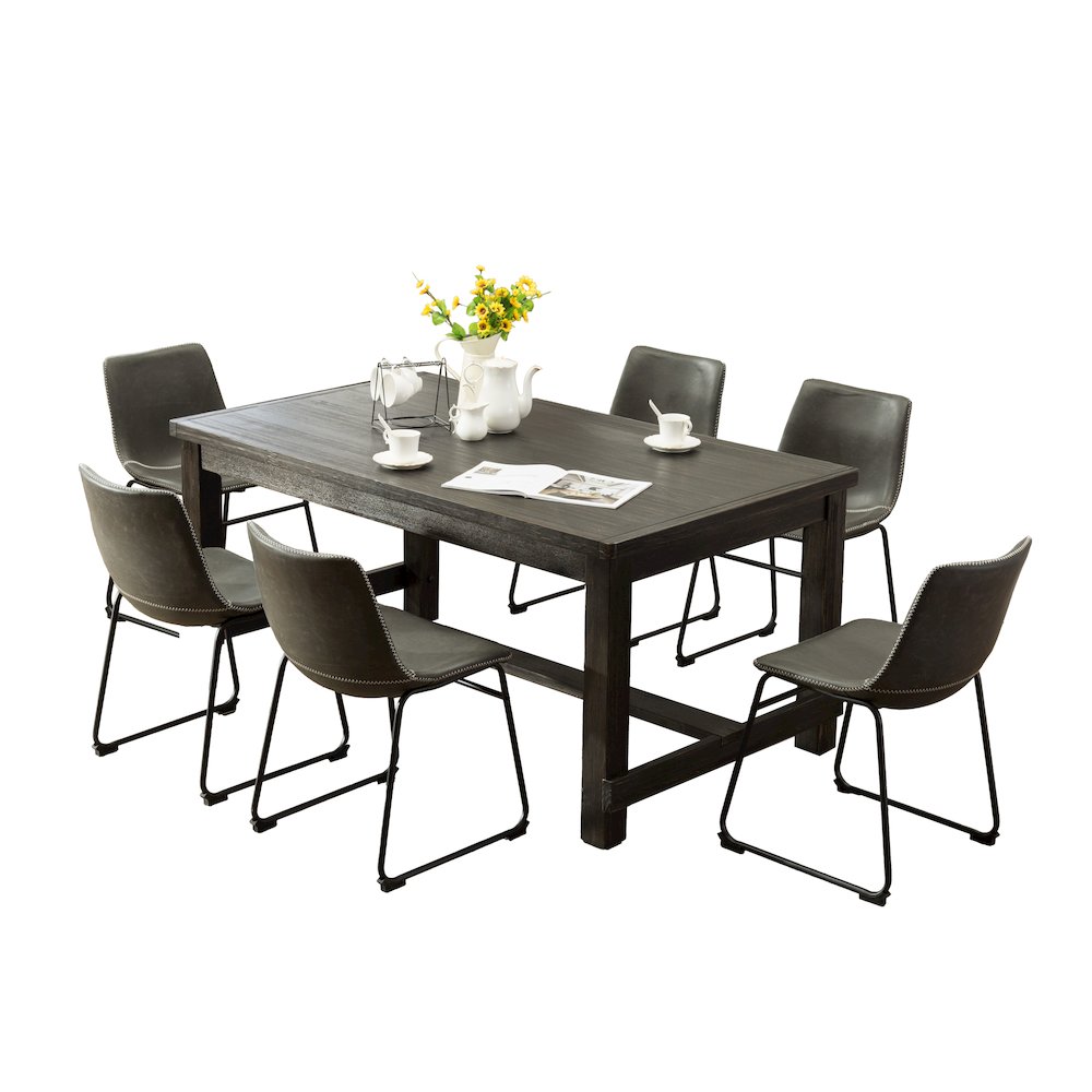 7-Piece Antique Black Finish Wood Dining Table, 6 Gray Faux Leather Chairs Set. Picture 1