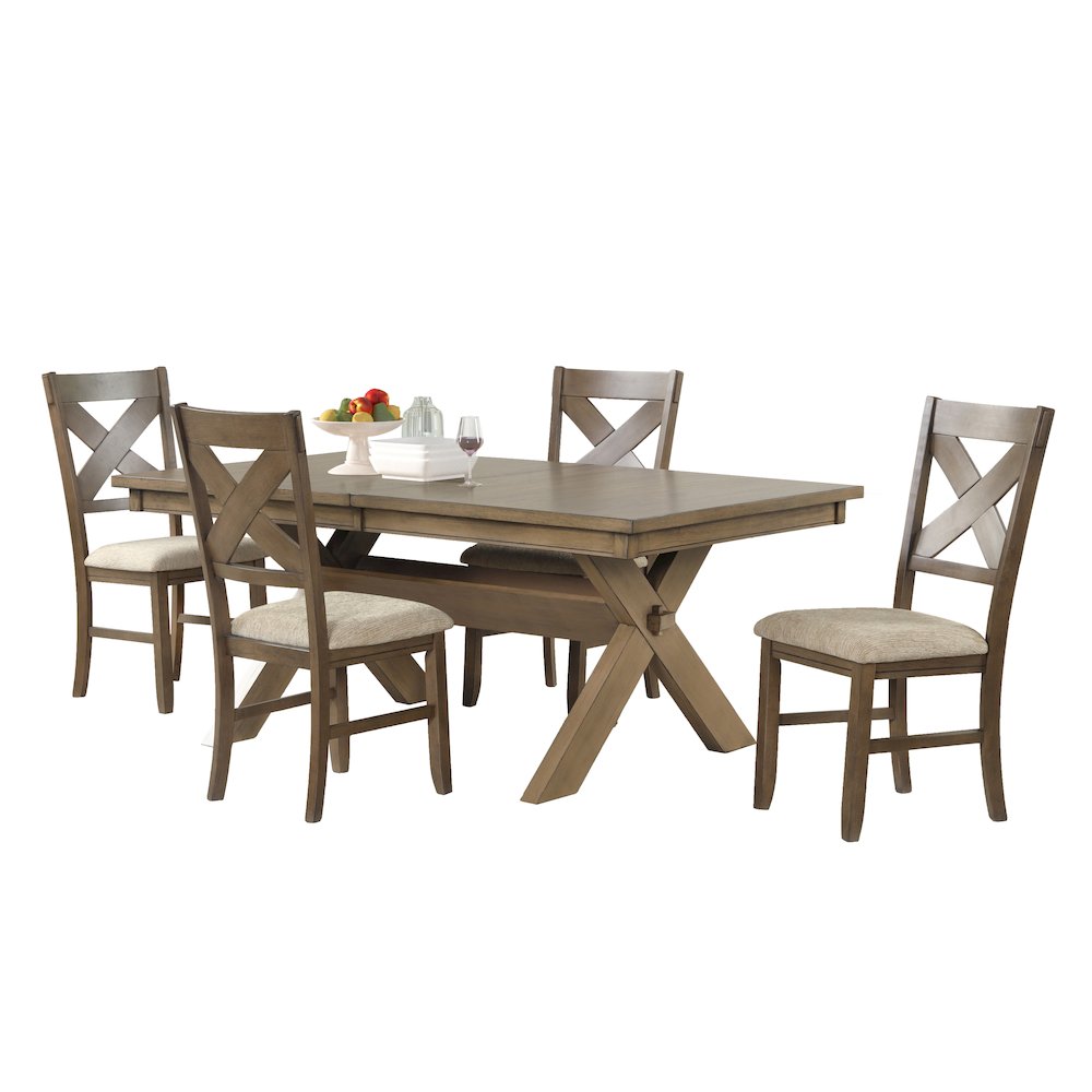 Raven Wood 5-PC Dining Set, Extendable Trestle Table 4 Chairs, Glazed Pine Brown. Picture 1