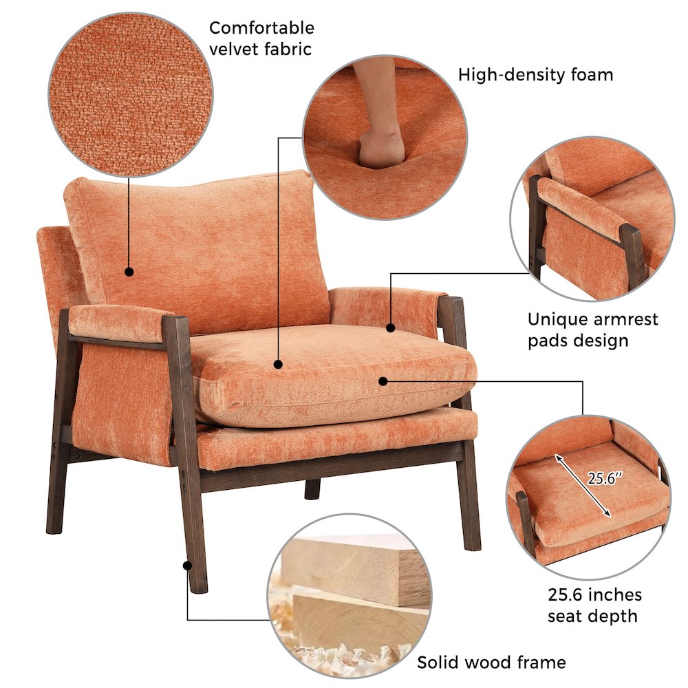 Kelly Mid-Century Modern Velvet Accent Armchair, Orange. Picture 5