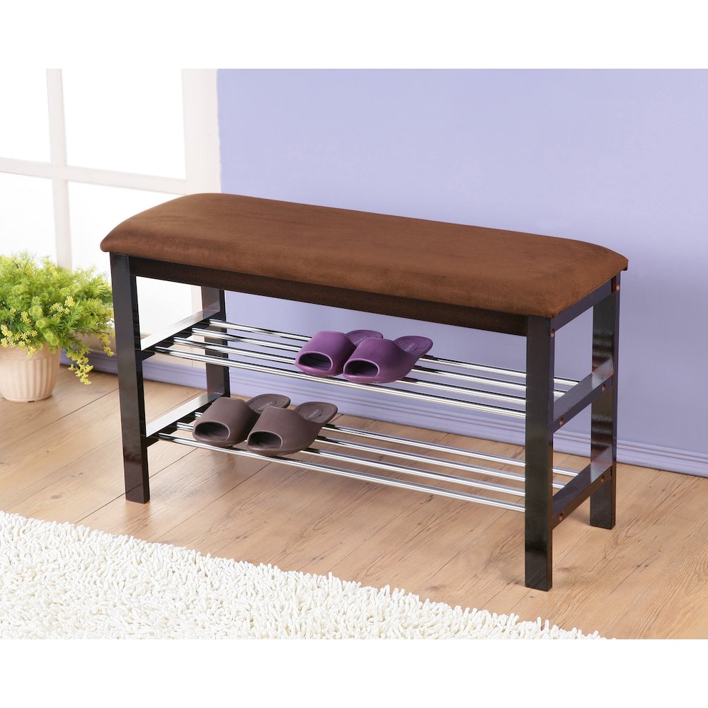 Choa Metal Shoe Bench with Faux Leather Seat, Dark Espresso and Chocolate. Picture 4