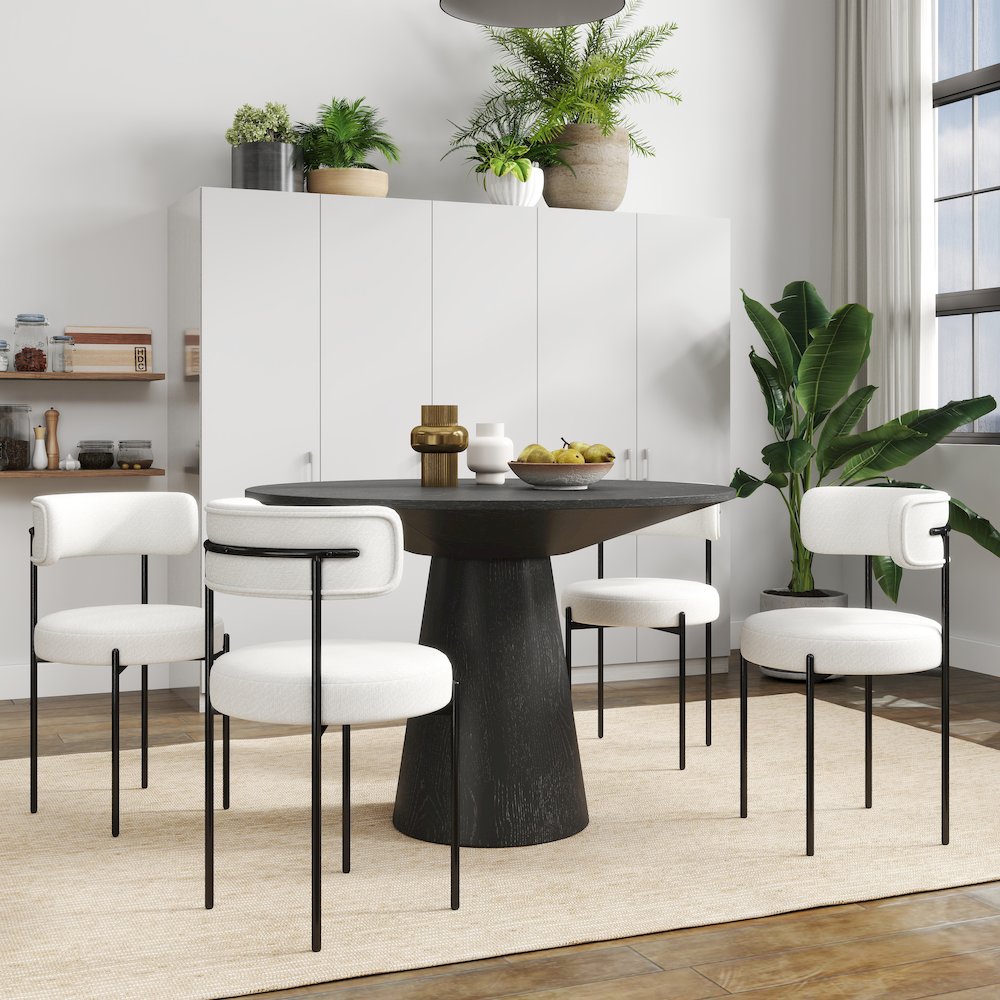 Corff 5-PC Round Dining Set, Pedestal Dining Table with 4 Boucle Chairs, White. Picture 3