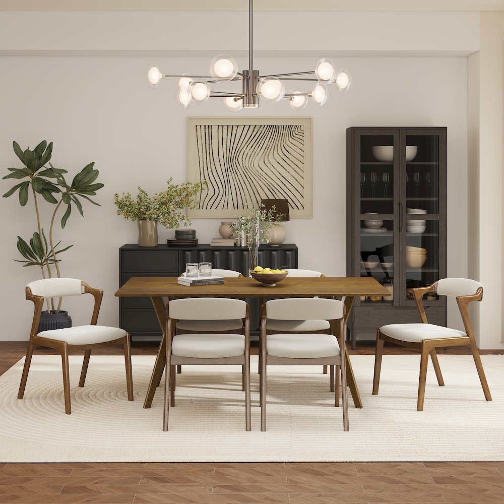 Modern 7-Piece Dining Set, Walnut Finished Dining Table with 6 Brown Chairs. Picture 3