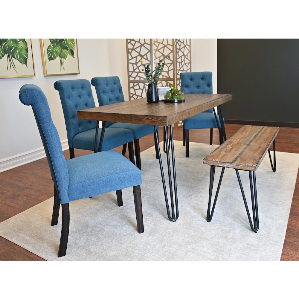 Ashford 6-Pc Dining Set, Hairpin Dining Table with 4 Chairs and Bench, Blue. Picture 3