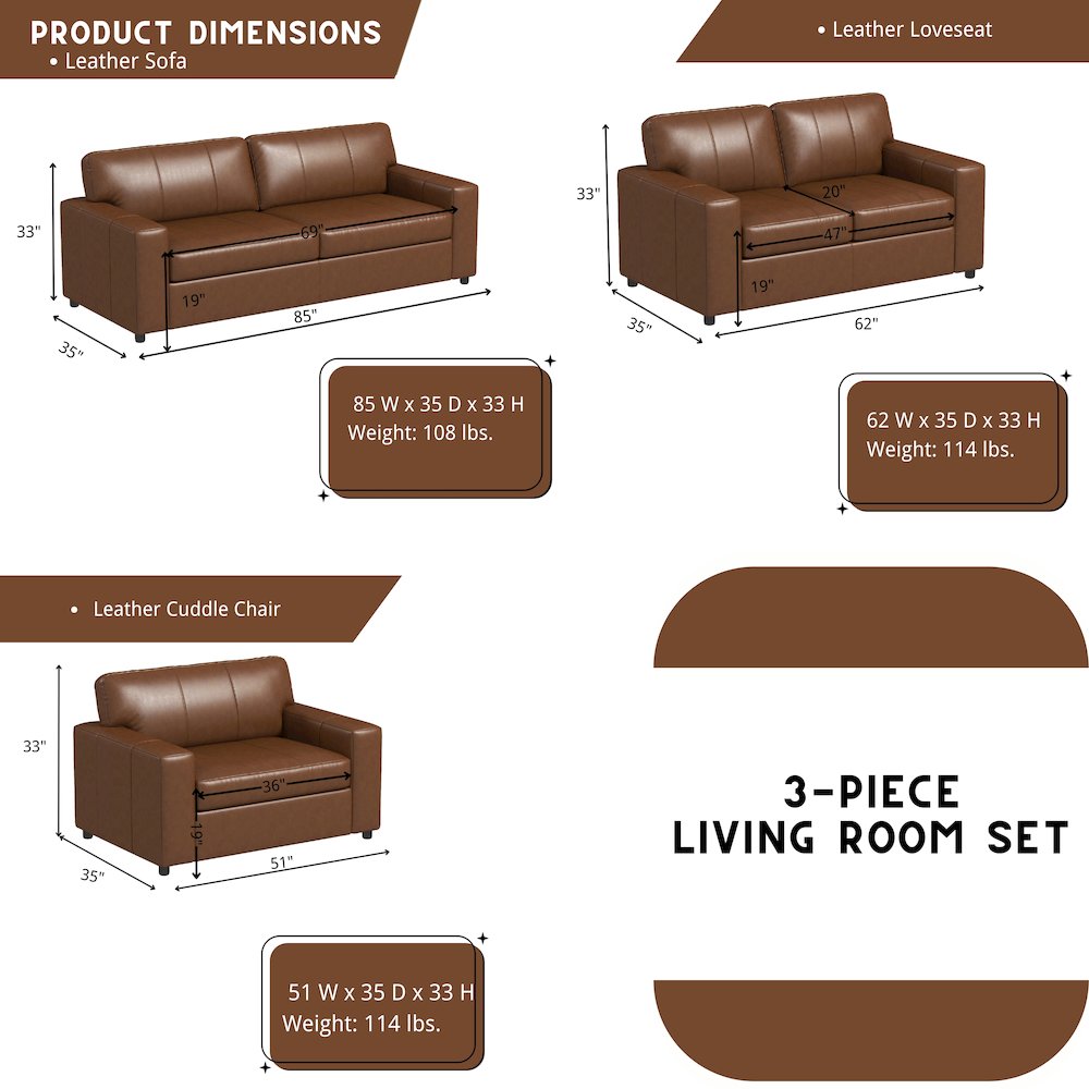 Sakan Leather 3-Pc Living Room Set, Sofa Loveseat and Chair, Caramel. Picture 13