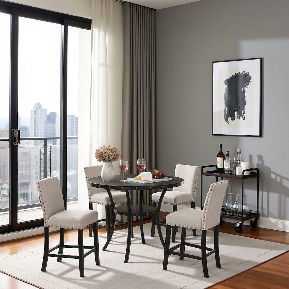 Beige Tan Counter Height Dining Table Set with Tall Chairs, 5-Piece. Picture 2