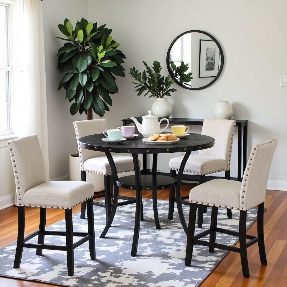 Beige Tan Counter Height Dining Table Set with Tall Chairs, 5-Piece. Picture 3