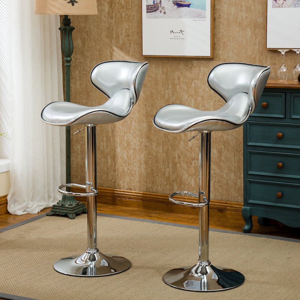 Masaccio Silver Leatherette Adjustable Swivel Barstool Chrome Base, Set of 2. Picture 3