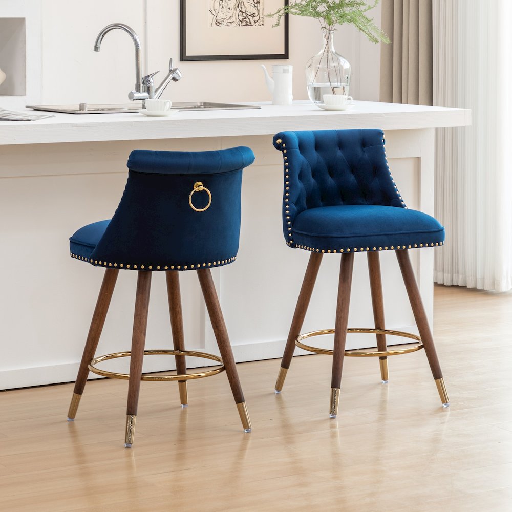 Elvara Set of 2 Button-Tufted Counter Stools with Nailhead Trim - Blue. Picture 2