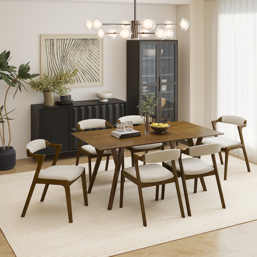 Modern 7-Piece Dining Set, Walnut Finished Dining Table with 6 Brown Chairs. Picture 2