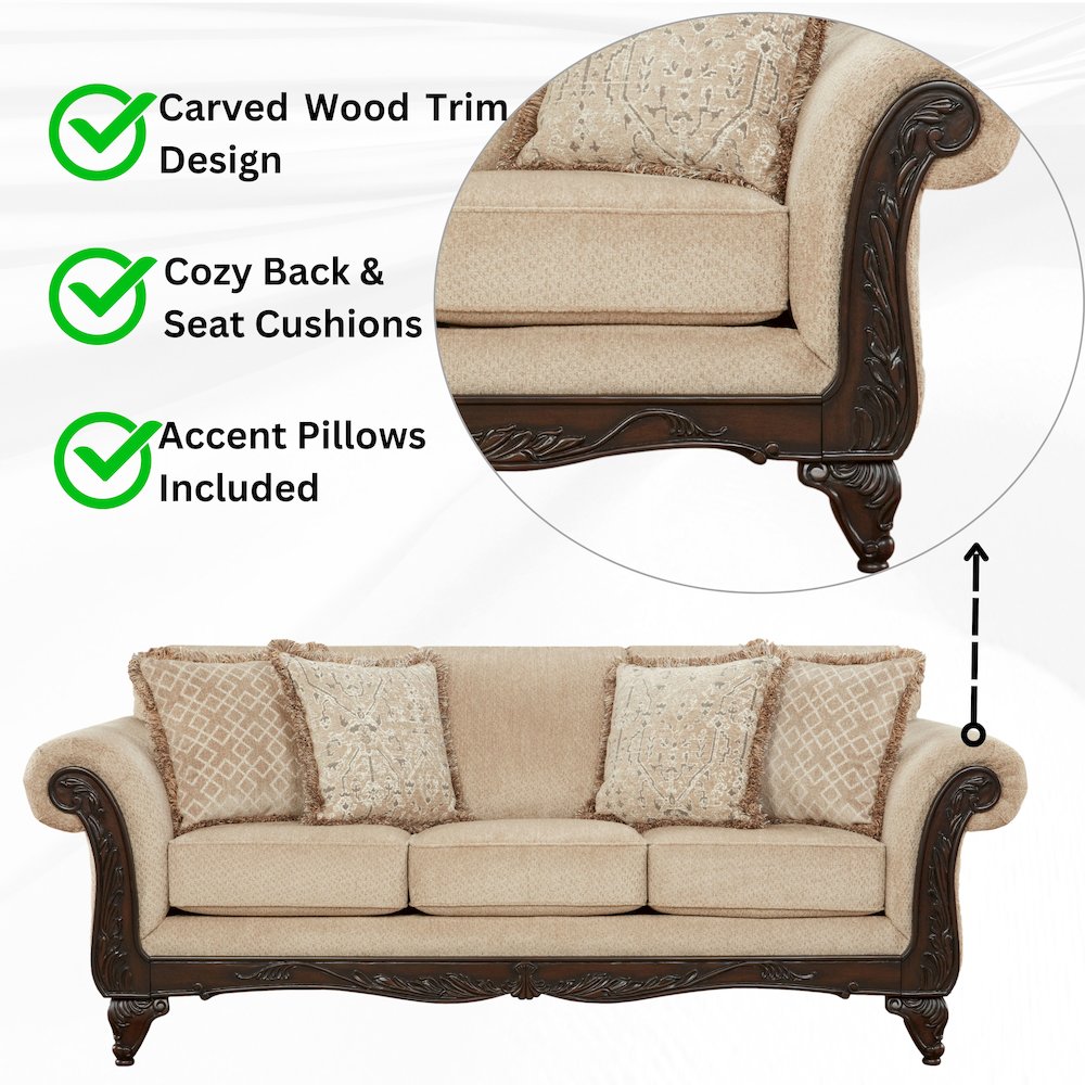 Hernen Carved Wood Frame Sofa, Emma Wheat. Picture 4