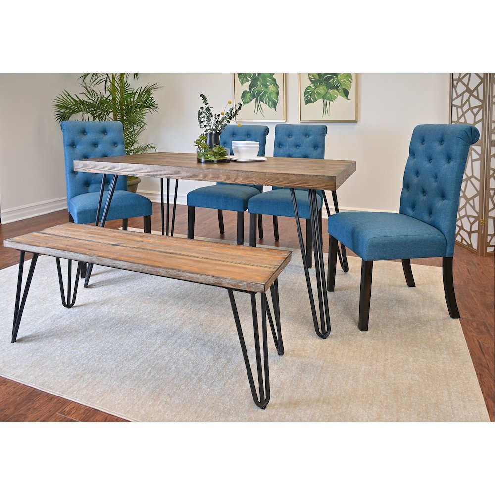 Ashford 6-Pc Dining Set, Hairpin Dining Table with 4 Chairs and Bench, Blue. Picture 4