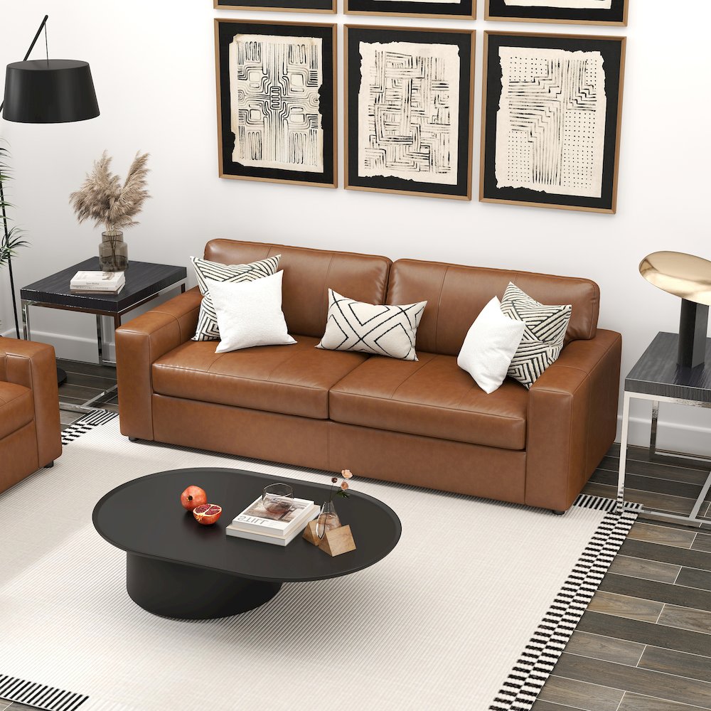 Sakan Leather Upholstered Sofa, Caramel. Picture 4