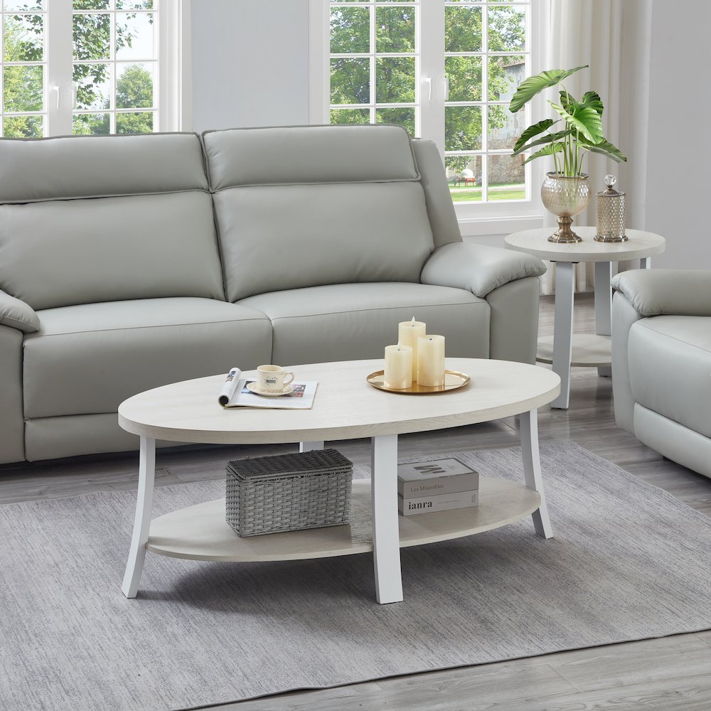Anze Contemporary Oval Wood Shelf 3-Pc Coffee Table Set in White Finish. Picture 4