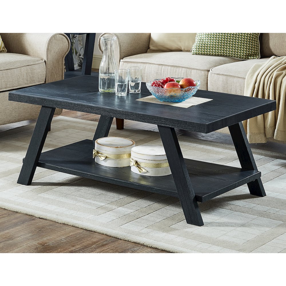 Athens Contemporary Replicated Wood Shelf Coffee Table in Black Finish. Picture 2
