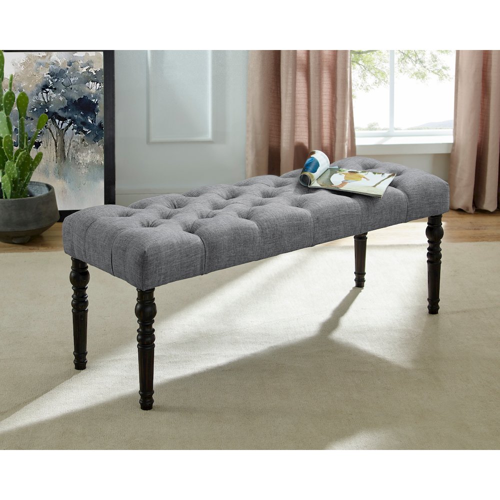 Leviton Fabric Tufted Turned Leg Dining Bench, Gray. Picture 5