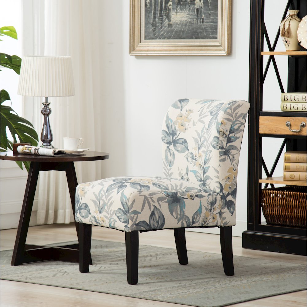 Capa Print Fabric Armless Contemporary Accent Chair, Blue Leaves. Picture 3