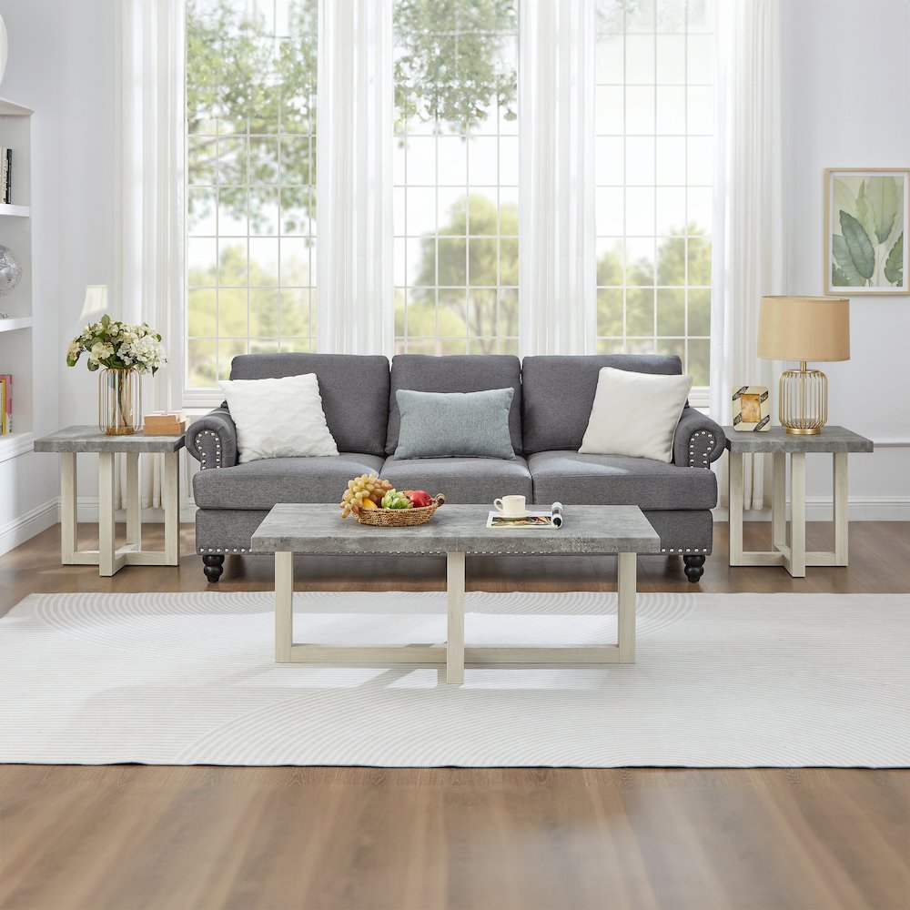3-Piece Coffee Table Set, Coffee Table, Two End Tables, Faux Concrete and White. Picture 3