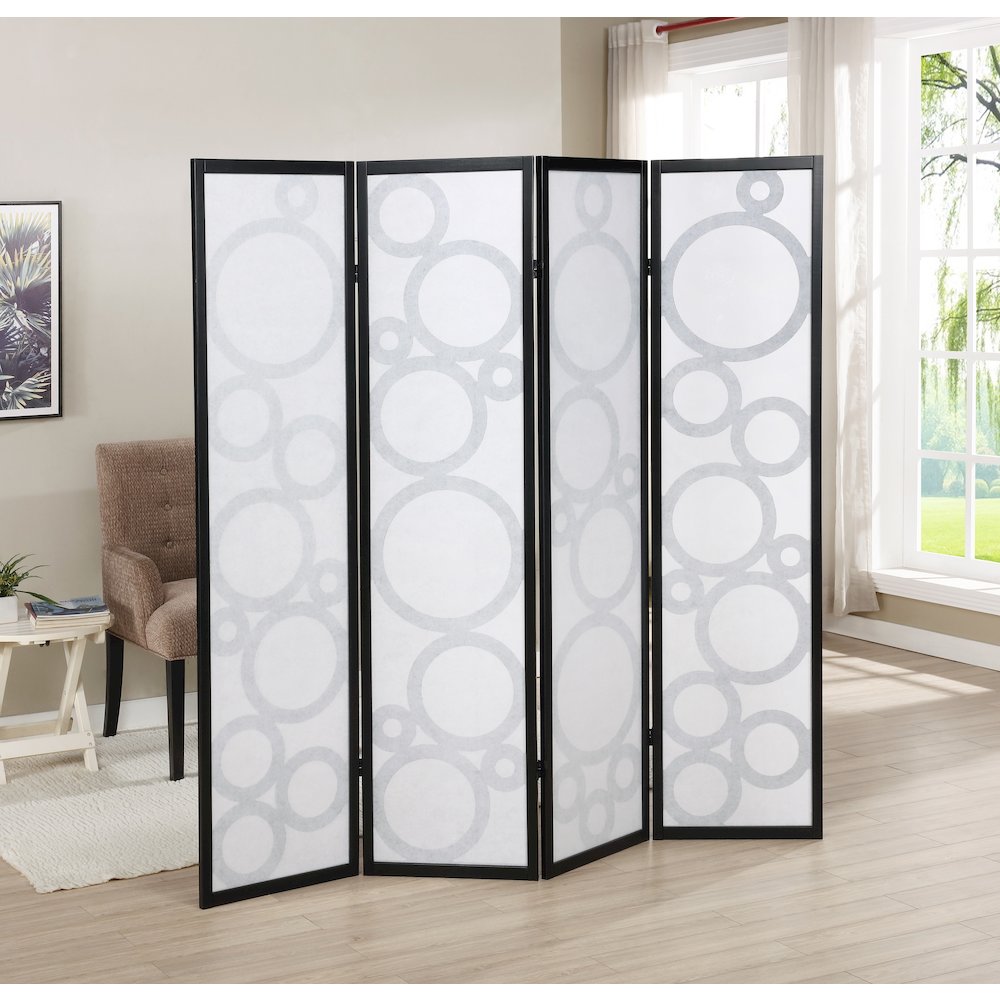 Arvada 4-Panel Wood Room Divider with Circle Pattern, Black. Picture 3