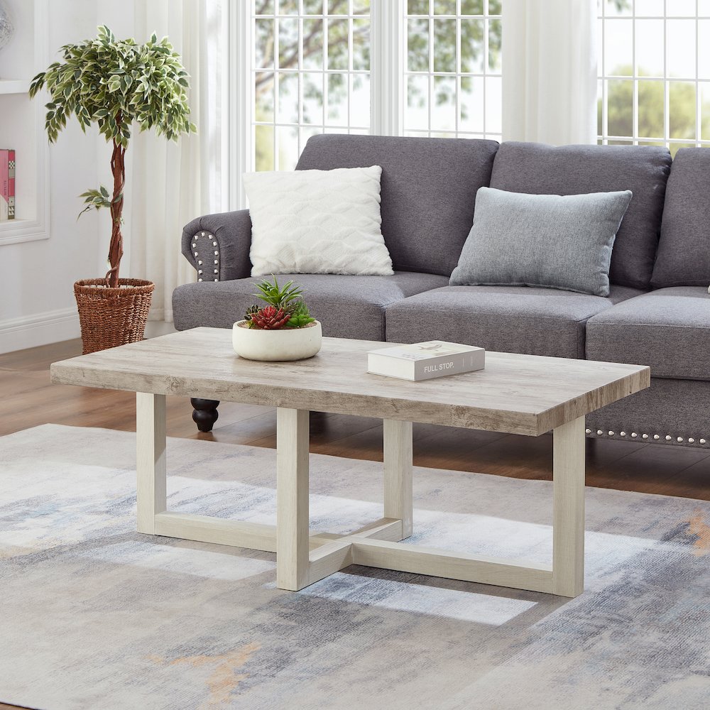 Luno Contemporary Coffee Table, Weathered Gray and Beige. Picture 2