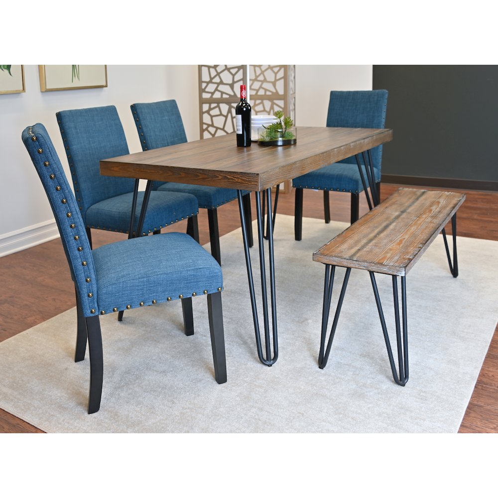 Amisos 6-Pc Dining Set, Hairpin Dining Table with 4 Chairs and Wood Bench, Blue. Picture 4