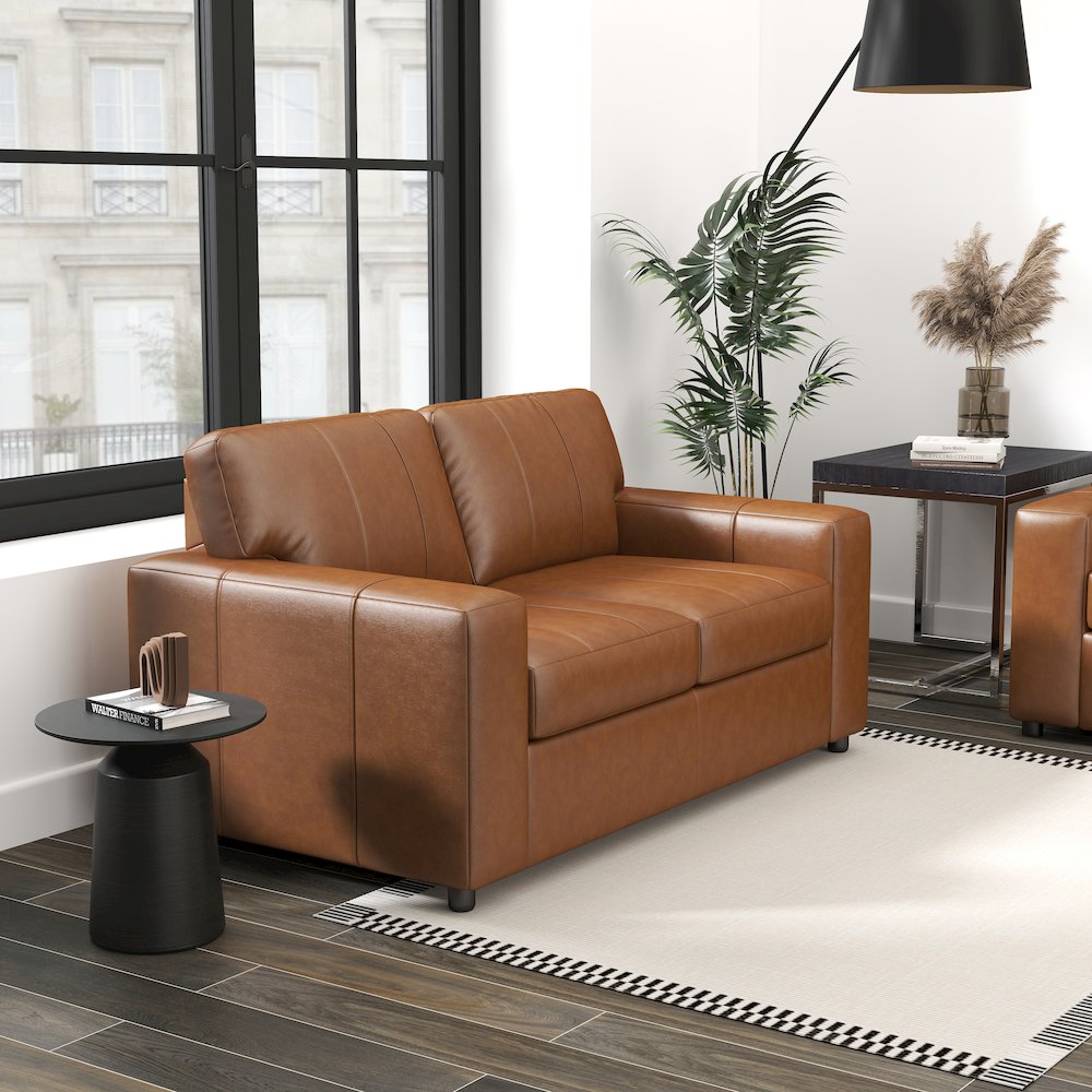 Sakan Leather Upholstered Loveseat, Caramel. Picture 6