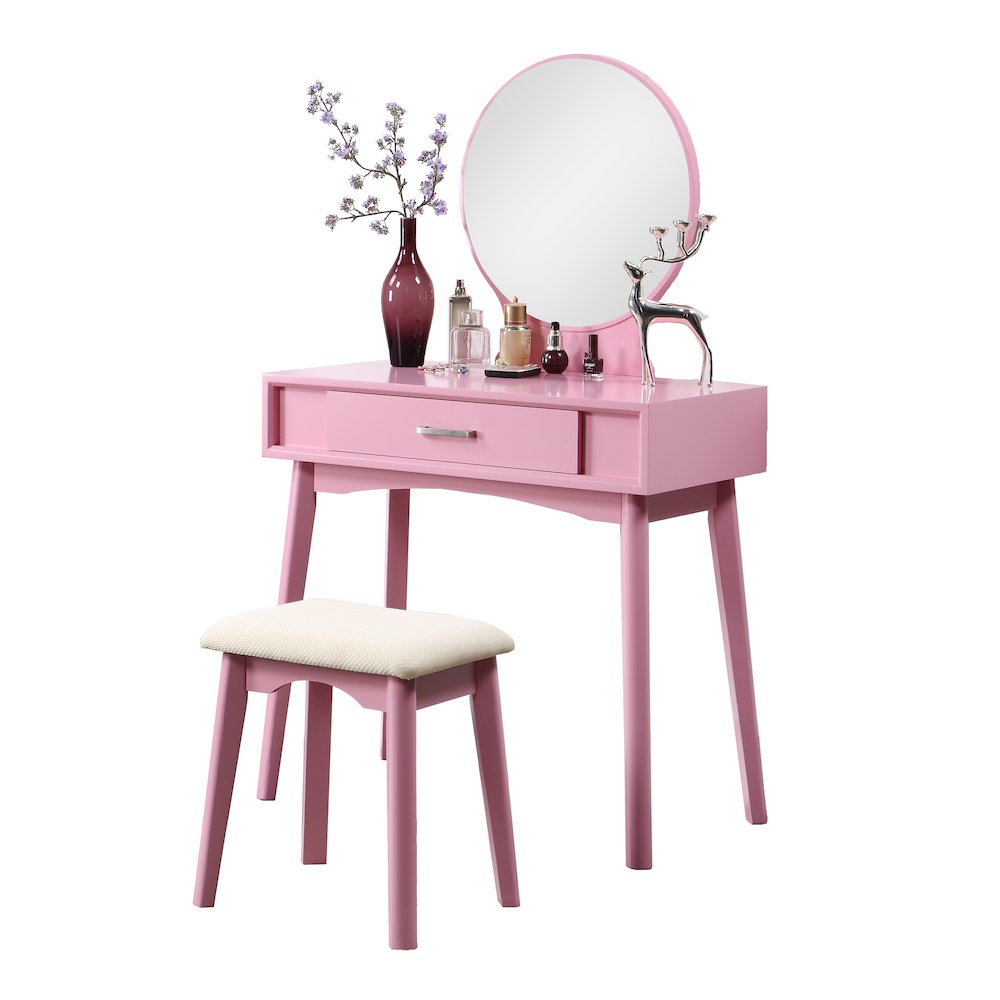 Maly Contemporary Wood Vanity and Stool Set, Pink. Picture 1