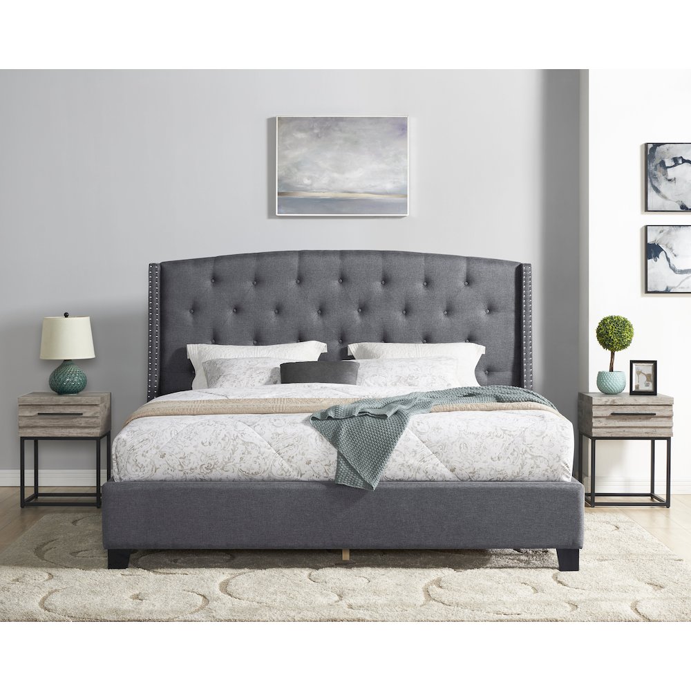 3-Piece Upholstered Bedroom Set, Tufted Wingback Bed, 2Gray Nightstands, Queen. Picture 2