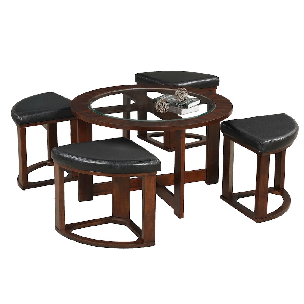 Cylina Solid Wood Glass Top Round Coffee Table with 4 Stools. Picture 1