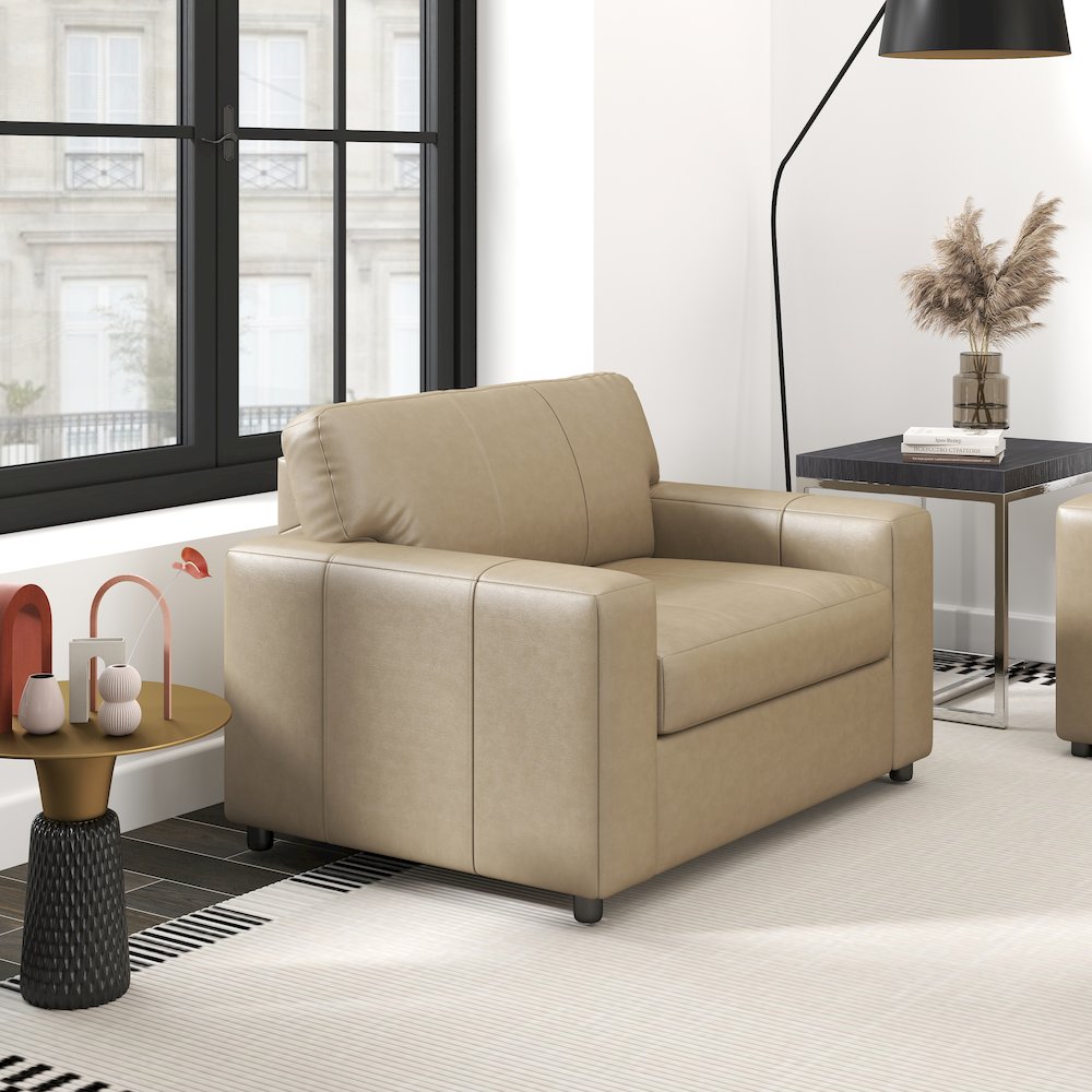 Sakan Leather Upholstered Cutler Lounge Chair, Beige. Picture 3