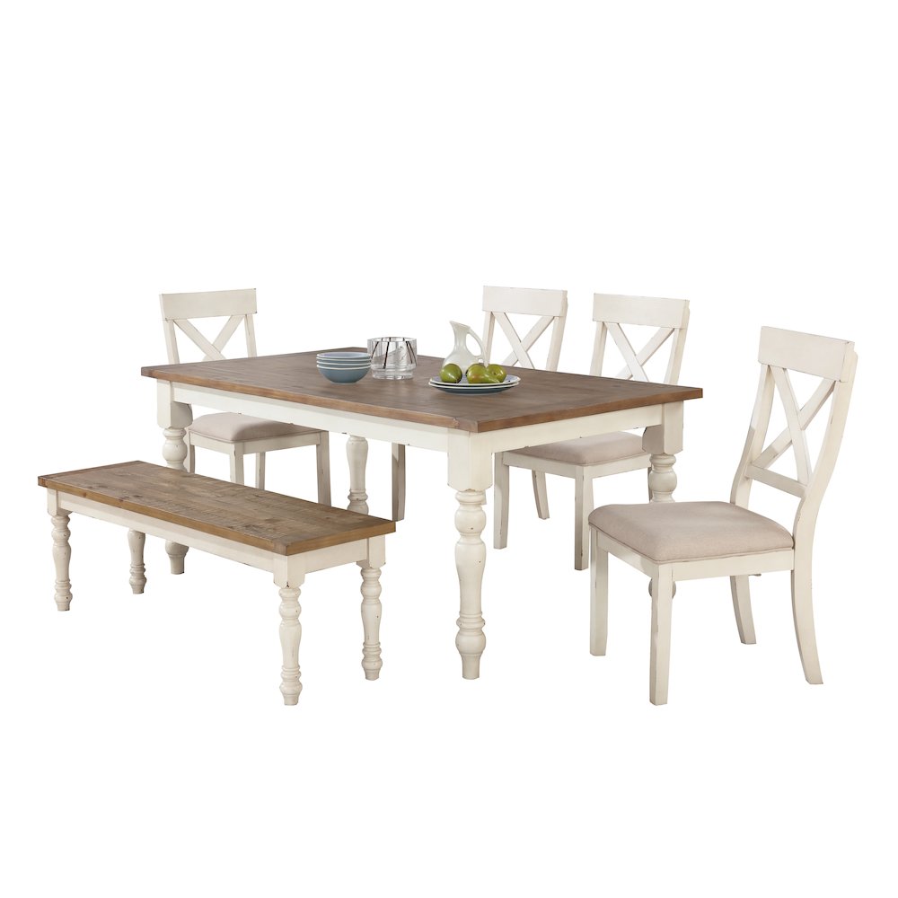 Prato 6-PC Dining Set With Chairs and Bench, Antique White and Distressed Oak. Picture 1