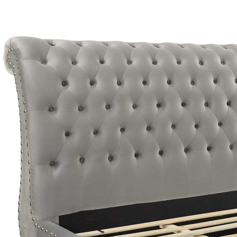 Evora Gray Velvet Upholstered Button Tufted Sleigh Bed, Queen. Picture 3