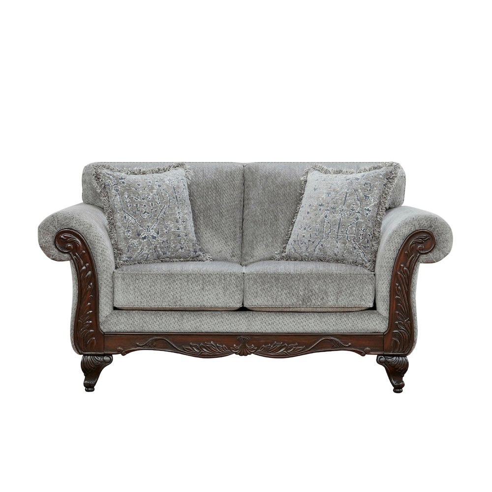 Hernen Carved Wood Frame Gray Loveseat. Picture 1
