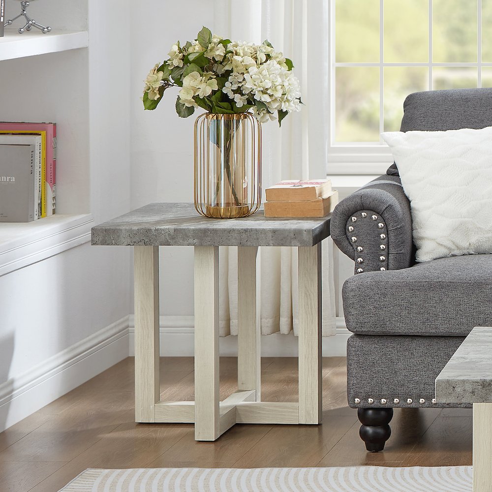 3-Piece Coffee Table Set, Coffee Table, Two End Tables, Faux Concrete and White. Picture 11