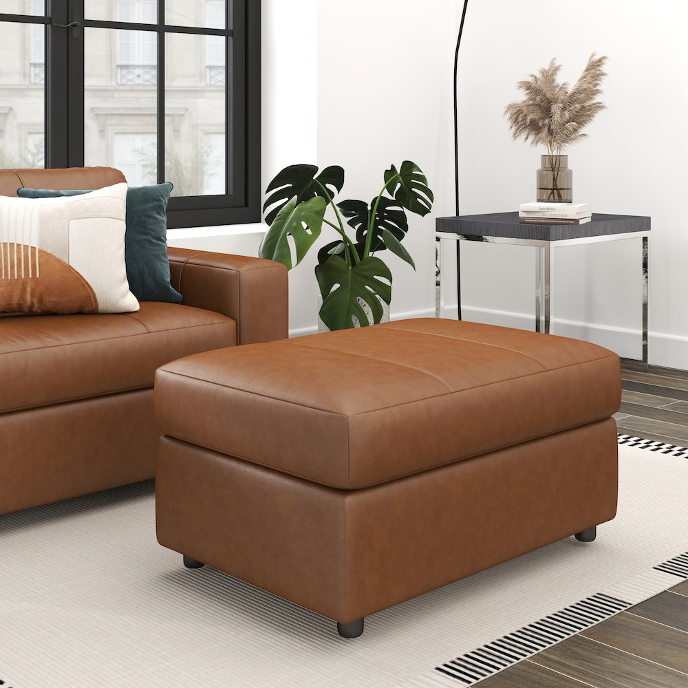 Sakan Leather Upholstered Ottoman, Caramel. Picture 3