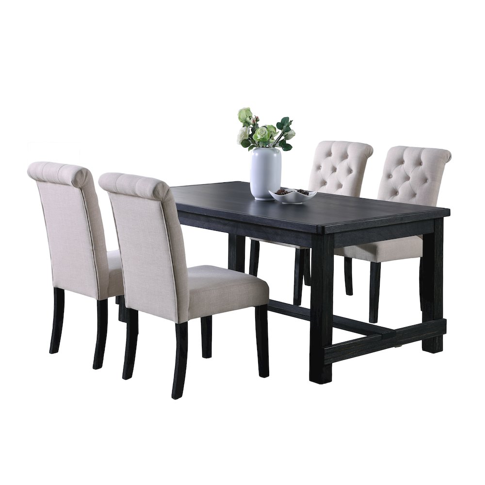 Leviton Antique Black Finished Wood Dining Set, Table with Four Chairs, Tan. Picture 1