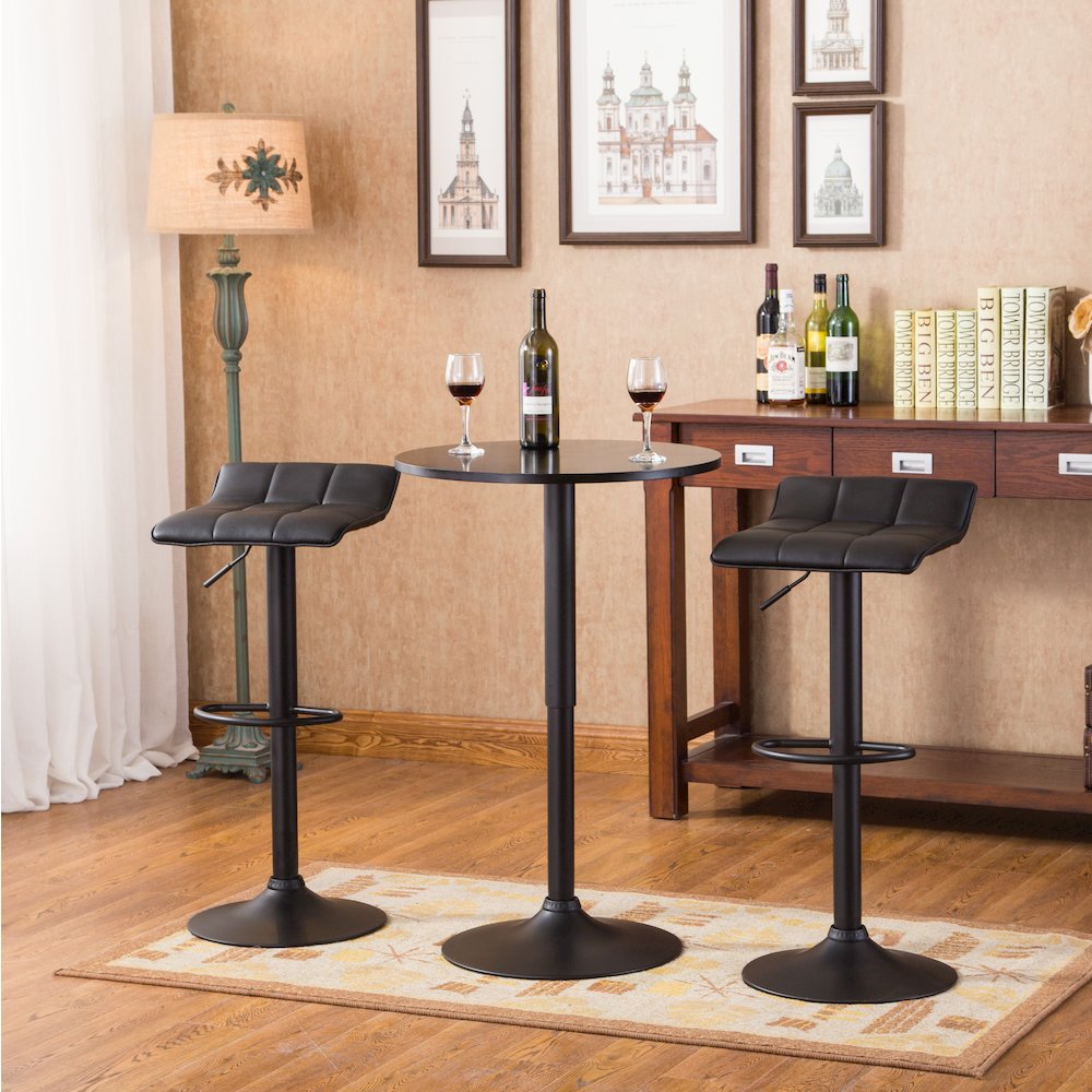 Belham Round Adjustable Bar Table and 2 Swivel Adjustable Bar Stools, Black. Picture 5