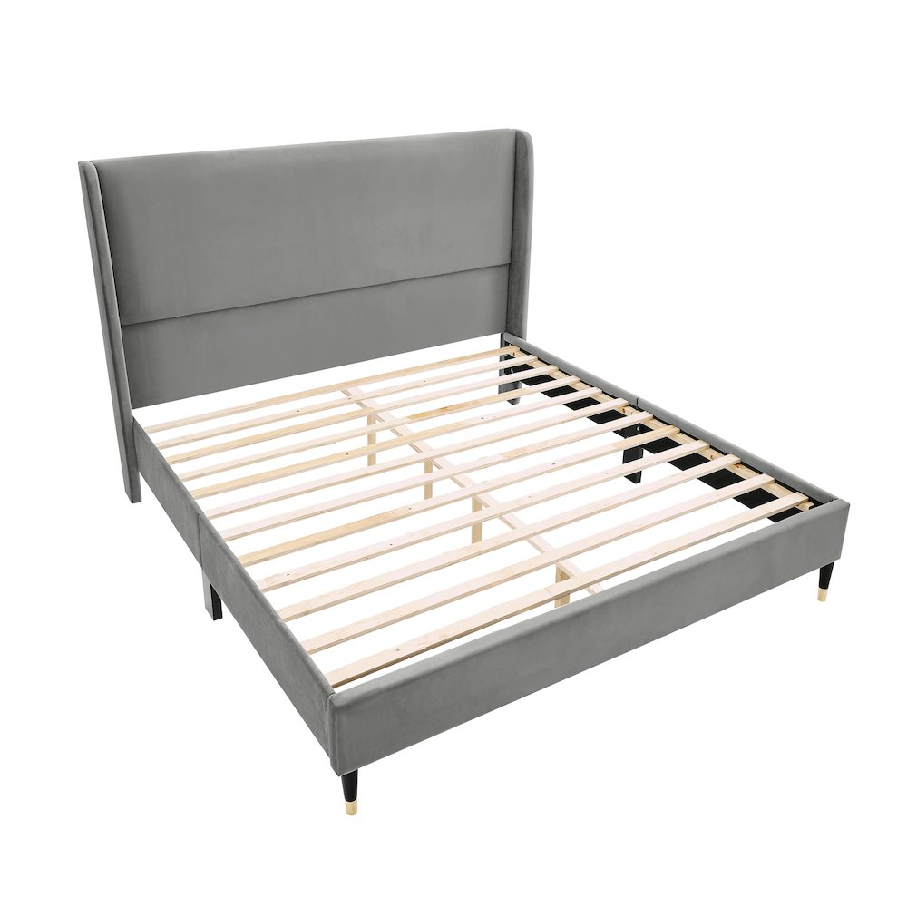 Rozitta Gray Velvet Wingback Platform Bed, Queen. Picture 1