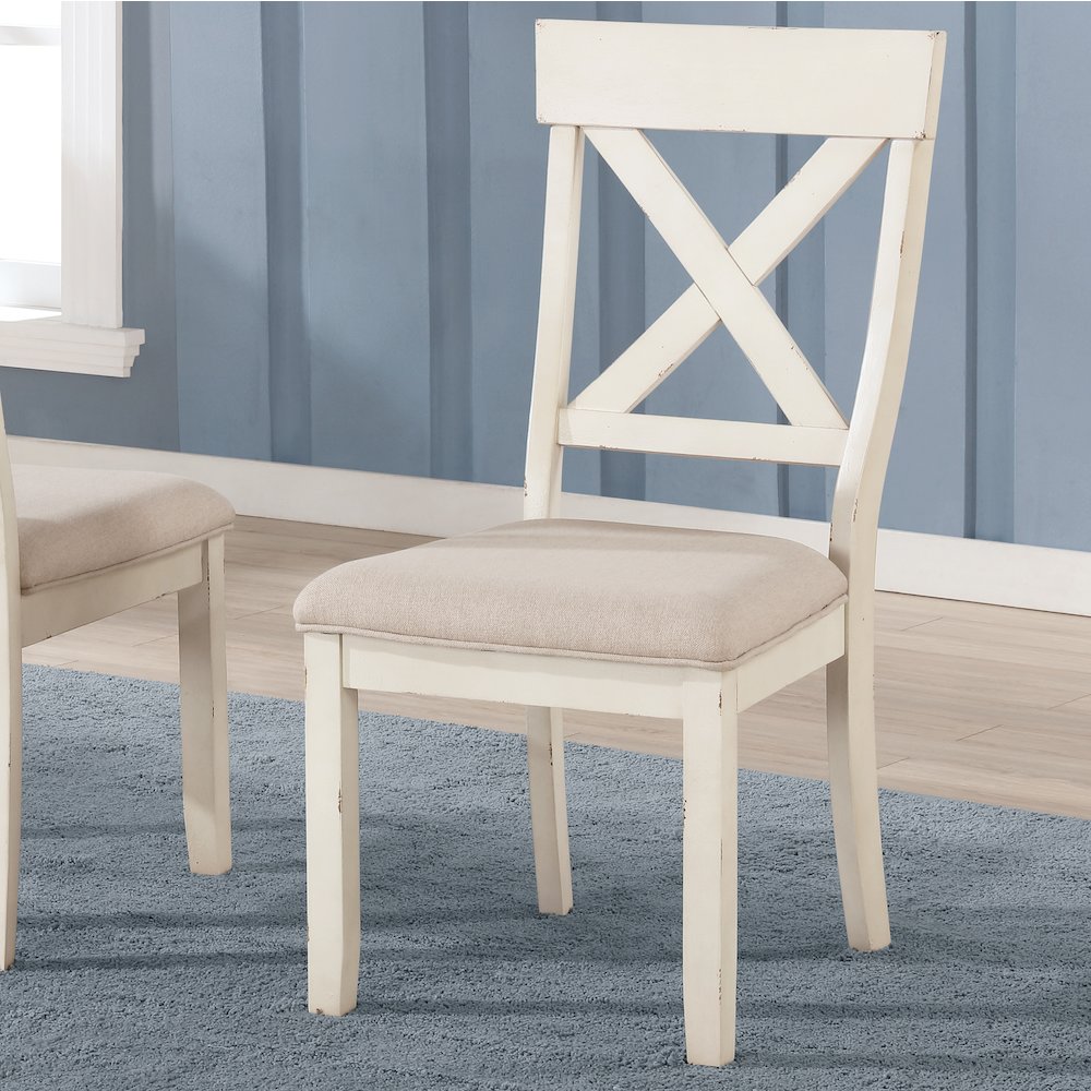 Prato Antique White Wood Cross Back Upholstered Dining Chairs, Set Of 2. Picture 4