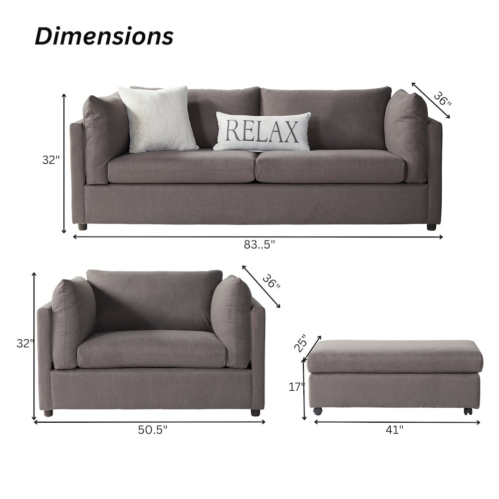 Enda Pillow Back Fabric 3-Piece Sofa and Cuddler Chair Set, Carbon Gray. Picture 11