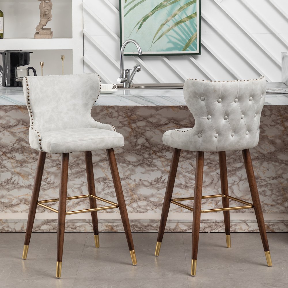 Nevis Modern Faux Leather Tufted Nailhead Trim Barstool Set of 2, Off-White. Picture 4