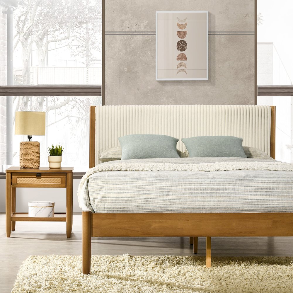 Vichy Rubberwood Bedroom Set with CorduroyUpholstered Queen Bed and 2Nightstands. Picture 4