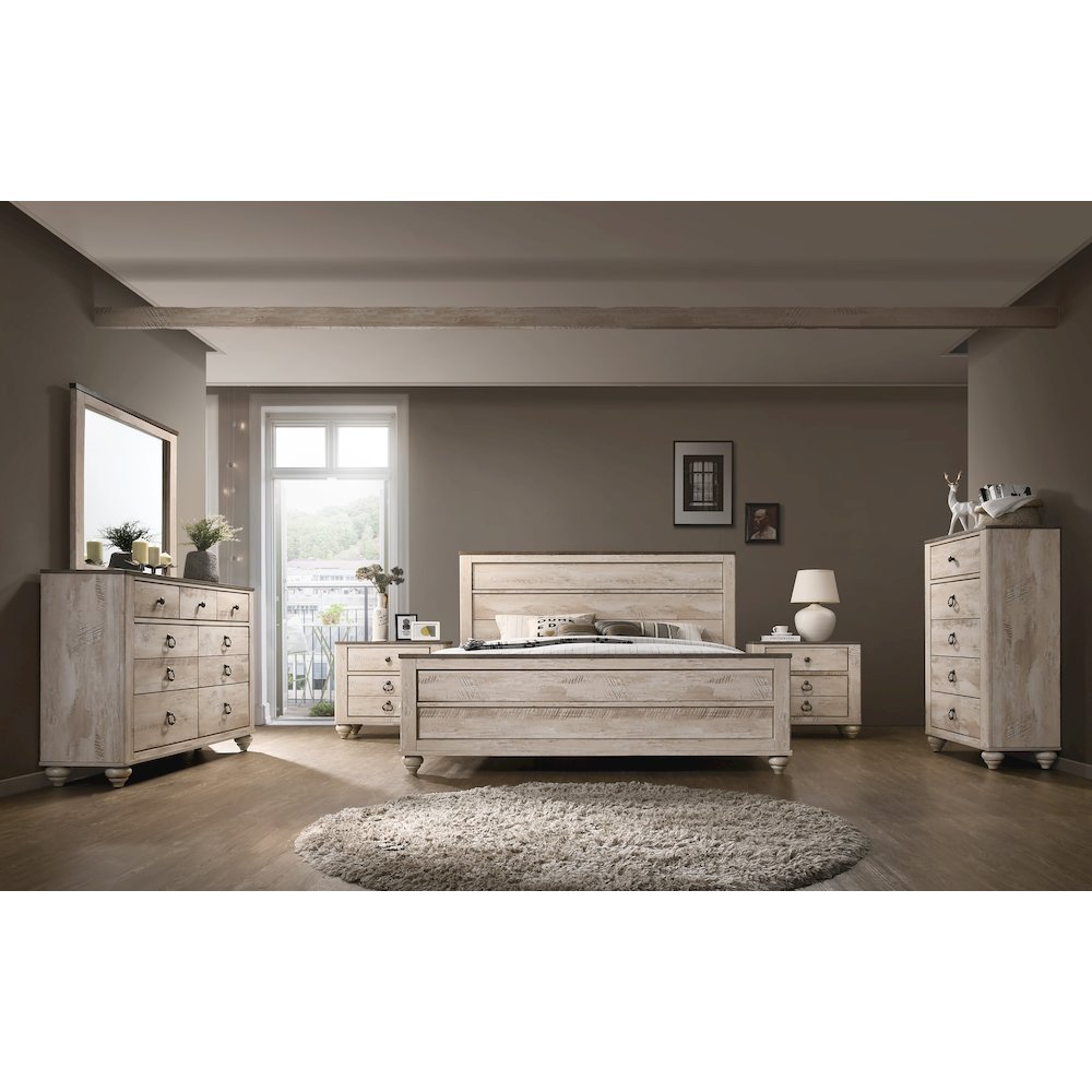 White Wash Finish Bedroom Set, King Bed, Dresser, Mirror, 2 Nightstands, Chest. Picture 2