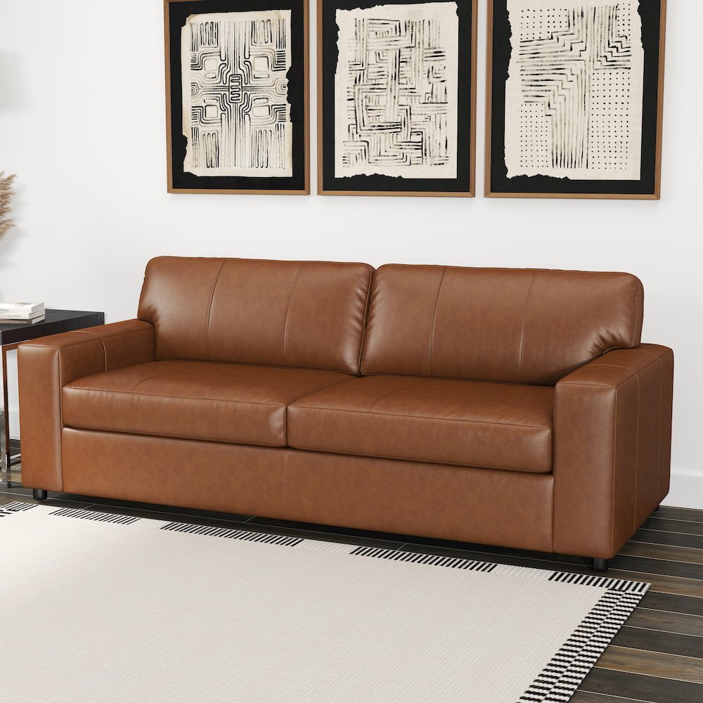 Sakan Leather Upholstered Sofa, Caramel. Picture 7