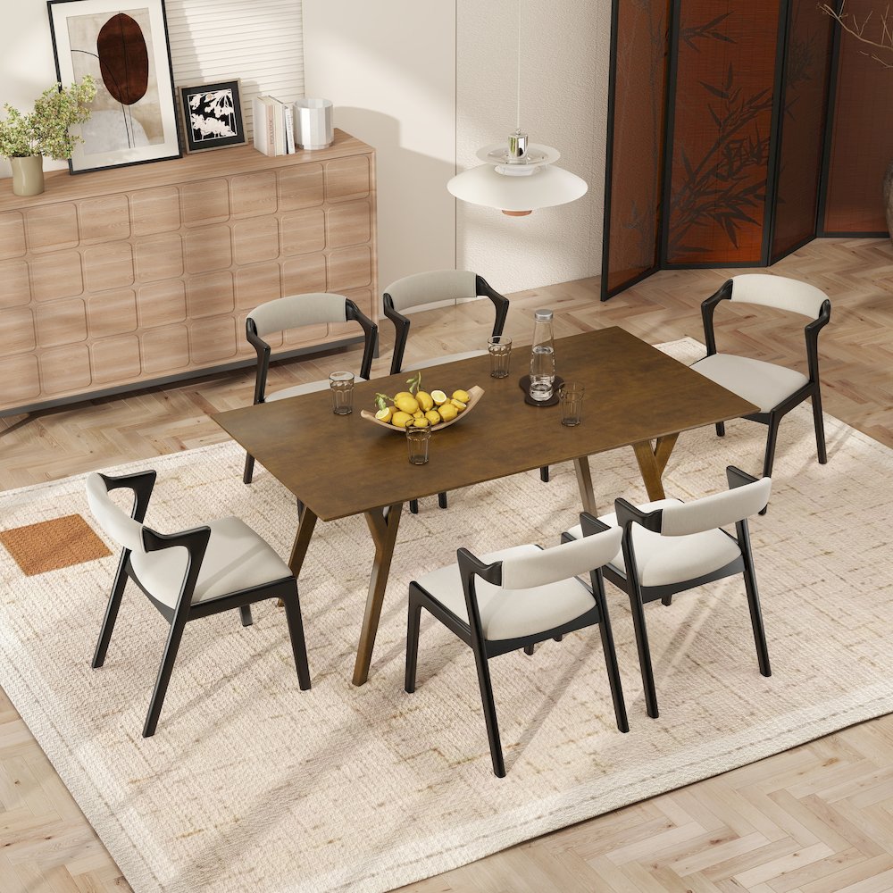 Modern 7-Piece Dining Set, Walnut Finished Dining Table with 6 Black Chairs. Picture 3