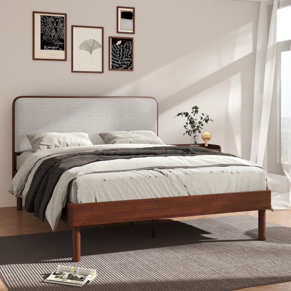 Wyller Rubberwood Platform Bed, Natural Walnut Finish, Queen. Picture 2