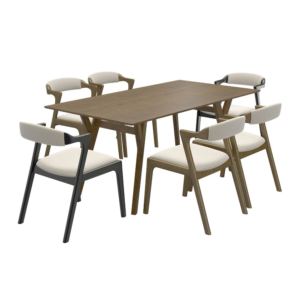 Lavin Modern 7-Piece Dining Set, Dining Table with 2 Black and 4 Walnut Chairs. Picture 1