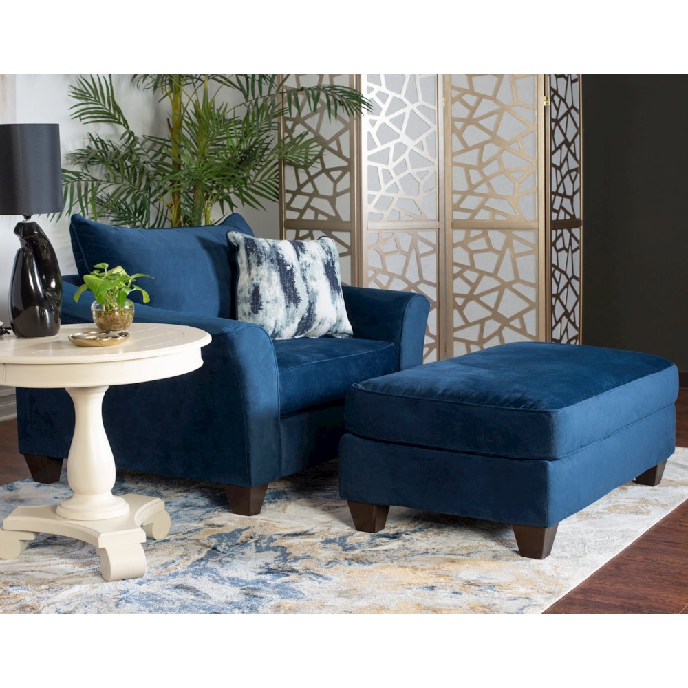 Camero Fabric Pillowback Chair with Ottoman Set in Navy Blue. Picture 2