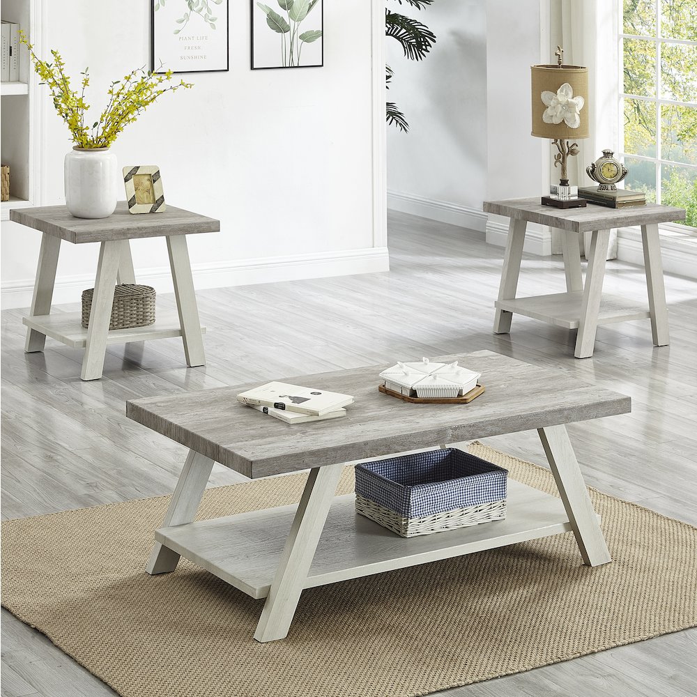 Athens Contemporary 3Pc Wood Shelf Coffee Table Set in Weathered Gray/Beige. Picture 2