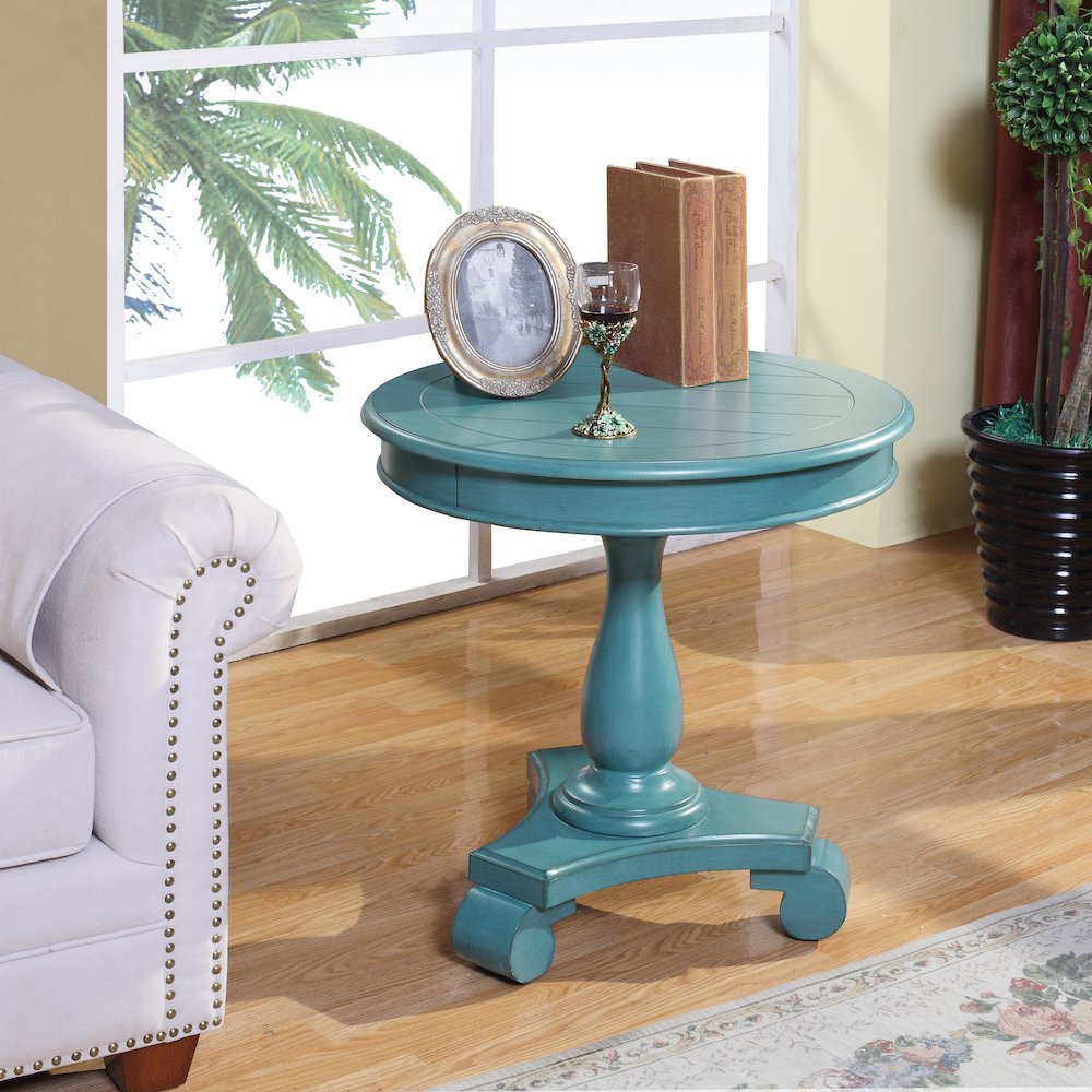 Rene Round Wood Pedestal Side Table, Teal. Picture 2